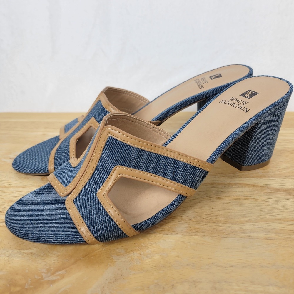White Mountain Denim Block Heel Sandals Blue Tan Slip On Mules Size 8 Y2K Style